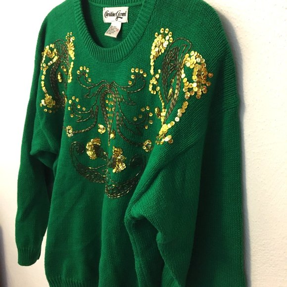 Vintage 80s Green Gold Sweater St Patricks Day Fighting Irish Beaded Sequins (BT - Picture 16 of 16